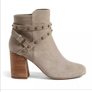 BP Kolo Suede Flared Heel Taupe Studded Booties.